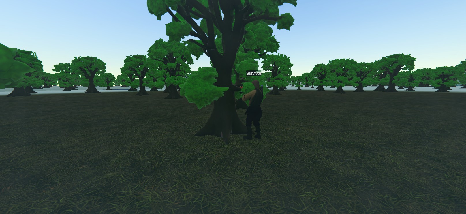 A Worldis woodcutter NPC autonomously chopping a tree in a forest